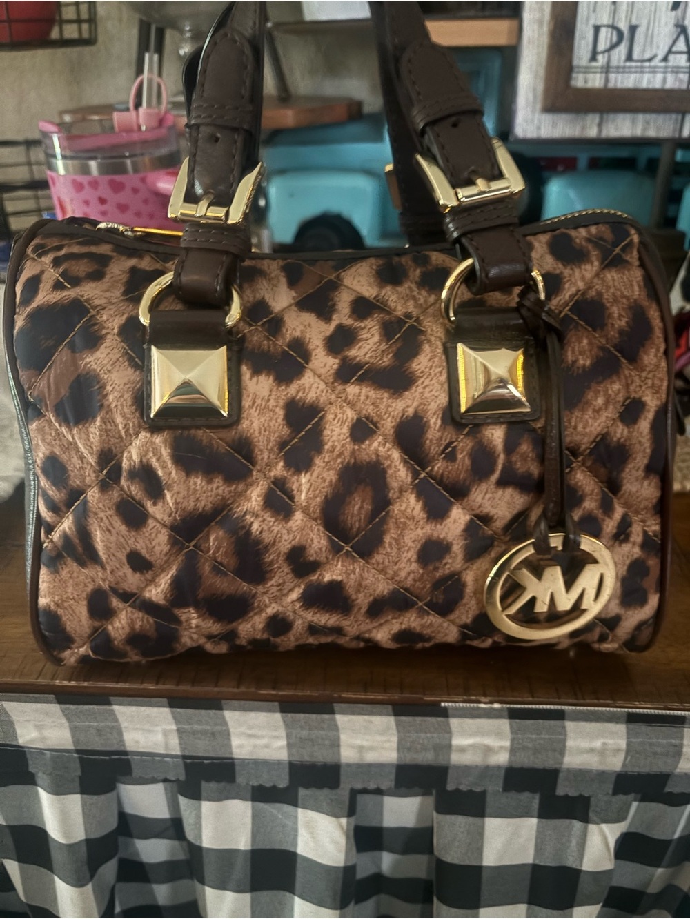 Michael Kors Leopard Print Quilted Satchel - Brown and Gold